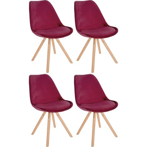 Lot de 4 chaises de salle à manger Sofia en velours Pieds en bois Bordeaux Nature (rond)