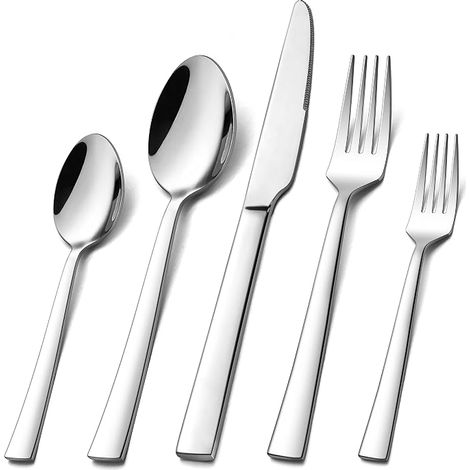 Couverts inox, 30 pièces 6 personnes, set Couvert Couteau, Fourchette Cuillère, Couverts famille, fêtes restaurants, bord lisse passe lave-vaisselle (1/5)