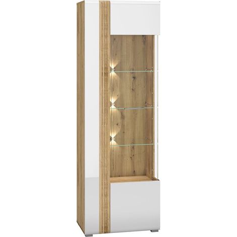 Vitrine Wohnzimmerschrank Eiche Castello Nb. mit Hochglanz weiß AKRON-131 MDF Front mit edler Fräsung, B/H/T: ca. 65/196/42 cm (1/5)