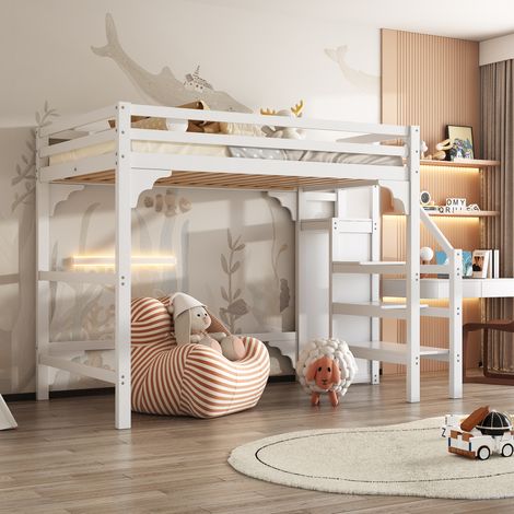 Hochbett 140x200 cm modern aus Kiefer und MDF in Weiß, mit Lattenrost, Stufentreppe mit Stauraum und Kleiderschrank (1/5)