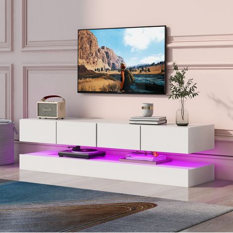 Meuble TV suspendu 130cm avec éclairage LED 16 couleurs– 4 tiroirs et étagères ouvertes – Design mural moderne– MDF blanc (1/5)