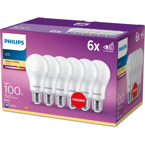 Philips LED E27 Ampoule Standard (A60) Dépolie 100W Non dimmable Lumière blanche chaude - 6 pièces (1/2)