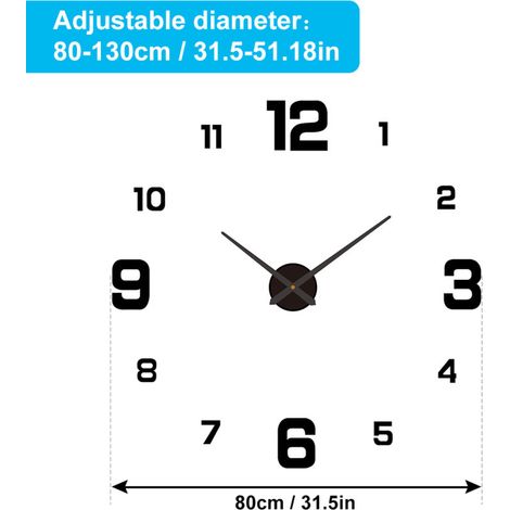 Selbstbaubare, leuchtende 3D-Acryl-Wanduhr in Schwarz, 80–130 cm, kein Bohren erforderlich, rahmenlos, geräuschloses Uhrwerk, für Wohnzimmer, Büro, Schlafzimmer, moderne Einrichtung