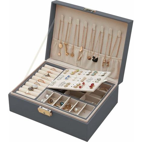 Women's Jewelry Box, 2 Layer Lockable Leather Jewelry Box Jewelry Organizer, Small Jewelry Storage Case Ring Storage Earrings Necklaces (gray) (1/5)