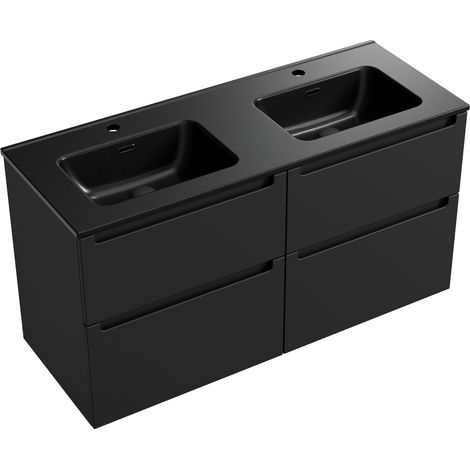 BERNSTEIN - Mueble lavabo doble suspendido MDF Negro mate 120x46x62cm, senos negros + Desagües pop-up + orificios grifería 120 Negro mate