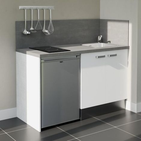 Kitchenette K17L-PT - 140 cm - plan stratifié, évier inox, - Façade Blanc - Plan Gris béton - Evier Inox - Crédences Oui + Electroménager inclus coloris Inox