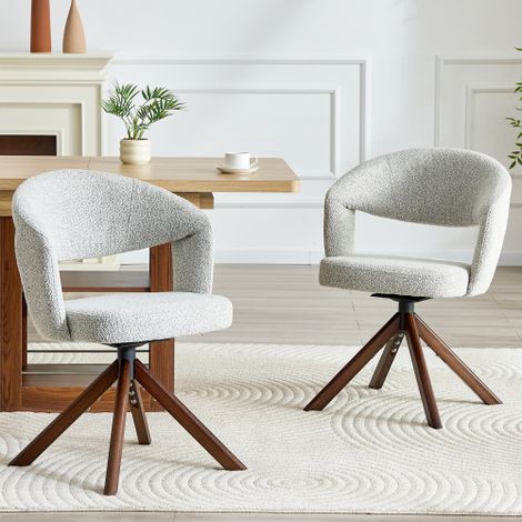 2er-Set Retro-Luxus-Drehstühle. Hellgrauer Strukturstoff mit nussbaumfarbenen Massivholzbeinen, 360° geräuschlose Drehung und gewölbter Rückenlehne. Geeignet für Esszimmer und weitere Bereiche.