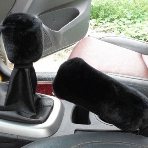 Manchon de frein à main en peluche pour voiture, lot de 2, housse de levier de vitesses automobile, accessoire intérieur doux, protection et décoration, noir et gris. (1/5)