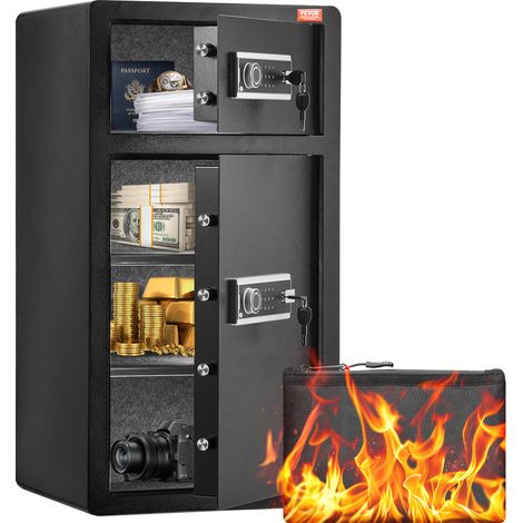 VEVOR Coffre-fort a Double Porte 204 L, Deverrouille par Cle et Mot de Passe, avec Sac Ignifuge, Porte-Cles, Lumiere LED et 2 Separateurs Reglables en Hauteur et Amovibles, pour Argent, Bijoux, Noir