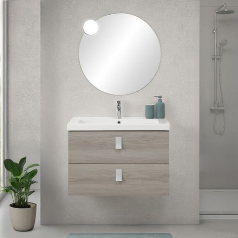Mobile bagno sospeso 80 cm in rovere grigio con lavabo e specchio tondo Bravo (1/5)