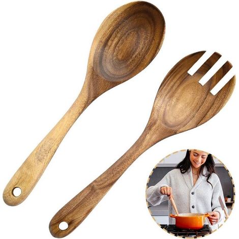 2 Pièces Cuillère Salade Bois, Fourchette à Salade Bois, Serveurs Salade Bois, Naturel Bois d'Acacia Portable Fait Main Cuillères Fourchette à Salade pour Fabrication Salades, Ustensiles Cuisine-Fei Y (1/5)