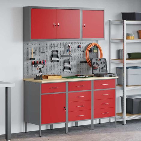Werkbank mit Schubladen 8 pcs Rot Ingenieure Holz und Stahl (1/5)