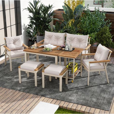 Ensemble de mobilier de jardin en bois d'acacia et métal beige naturel, 6-7 places, avec coussins et desserte amovible (1/5)