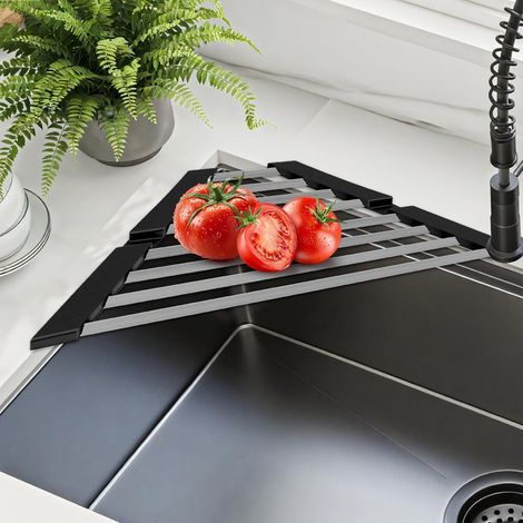 Petit égouttoir triangulaire – Pliable avec extrémités en silicone épaisses, cadre acier inoxydable pour évier d'évier, de cuisine, organisateur rangement et -'Parent'-'- (1/5)