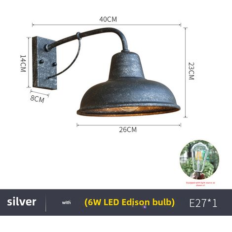 Aplique de pared LED retro para exteriores, lámpara de jardín para villas o terrazas residenciales, outlet de fábrica (aplique de pared para exteriores con bombilla Edison vintage en color plata). (1/5)