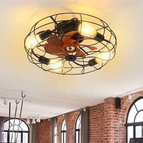 Ventilatore da soffitto industriale Sofucor stile gabbia (con luce) – Pale in ABS – Montaggio a filo soffitto – 4 lampadine E26