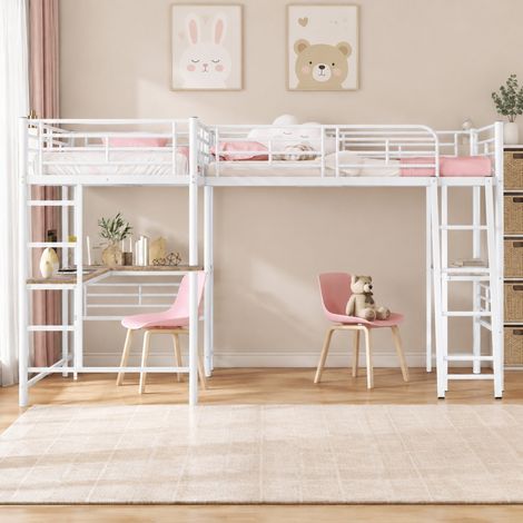 Hochbett 90x200 cm Weiß aus Metall und MDF mit Schreibtisch, Leiter und hohem Geländer (1/5)