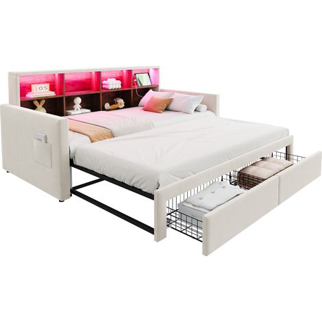 CHICFURN Sofá cama extensible 90x190 cm de terciopelo beige con cabecero con estantes, luces LED, enchufes USB y tipo C, 2 cajones y somier de láminas (1/5)