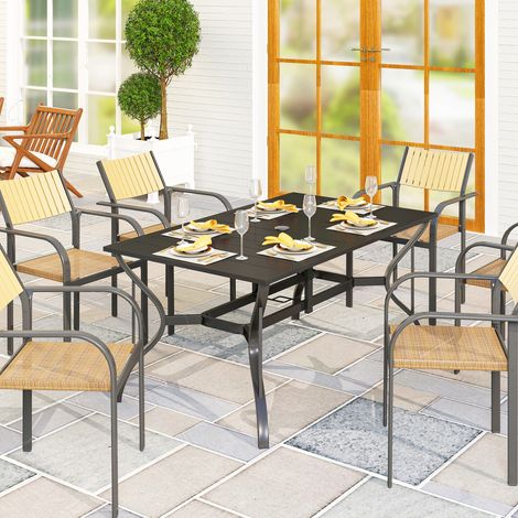 Table de jardin en acier 150 x 90 cm, résistante aux intempéries, avec trou pour parasol, plateau à lattes pour 6 personnes, noire.