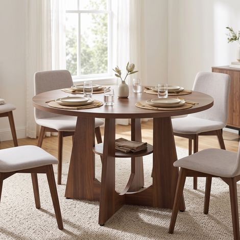Table à Manger Ronde avec Pied Central et Étagère, 120 x 120 x 75 cm, Marron Noyer (1/5)