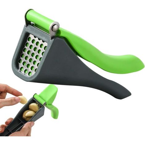 Prensa de ajos de acero inoxidable - Picadora manual de cocina - Preparación de verduras - Diseño desmontable - 18 x 8 centímetros - Gris verdoso (1/5)