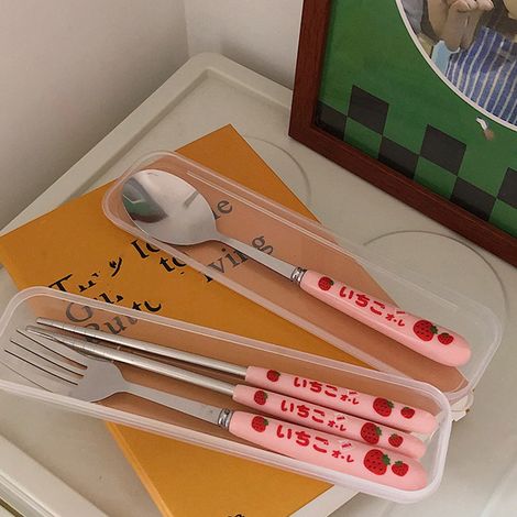 Ensemble de couverts 3 pièces en acier inoxydable arrondi, comprenant cuillère, fourchette et baguettes, présenté dans une boîte transparente. (1/5)