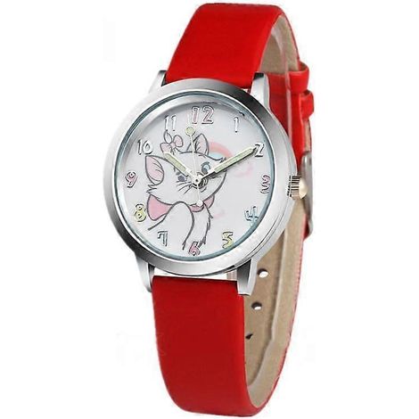 Montre enfant en cuir à motif chat mosaïque mignon, montre-bracelet femme, montre-bracelet féminine (rouge) (1/4)
