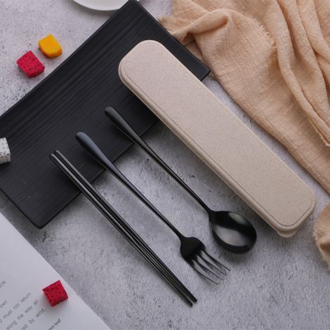 Ensemble de 3 pièces (noir rose) : fourchette, cuillère et baguettes en acier inoxydable 304