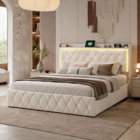 Lit coffre140x200, Lit Adultes capitonné, Lit avec LED et USB, Cadre de lit 2 places de rangement, lit double à sommier tapissier, velours, Beige, sans matelas (1/5)