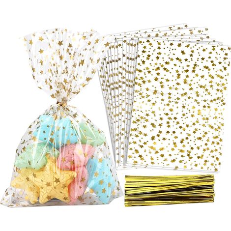 100 Sachets à Bonbons en Cellophane Imprimés Étoiles 12,5 x 18,5 cm pour Fêtes - Sachets Transparents pour Bonbons et Biscuits - Sacs de Conservation Alimentaires avec Fermeture, Adaptés pour la Pâtis (1/5)