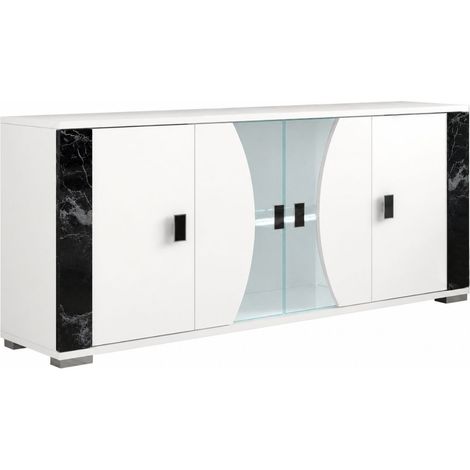 Buffet 4 portes avec vitrage + Led blanc et aspect marbre noir - TAHOE (1/4)