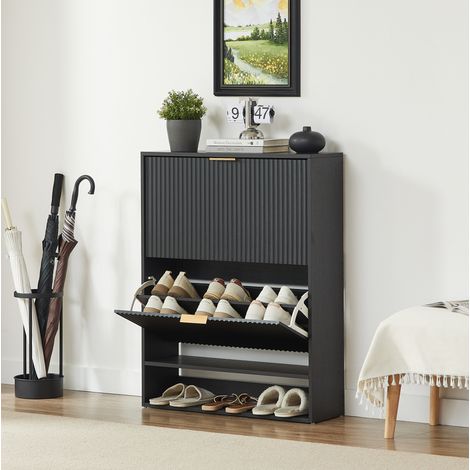 Meuble à chaussures 80 x 24 cm avec abattants, anti-basculement, noir HAVRYA (1/5)