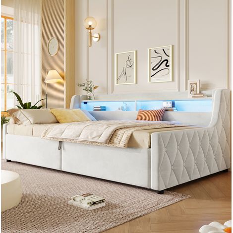 Cama con canapé abatible 90 x 200 cm con LED, almacenaje hidráulico, beige HAVRYA (1/5)