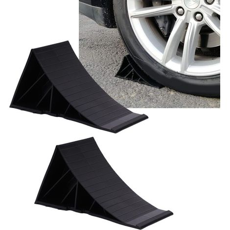 Lot de 2 cales de roue noires robustes en PE antidérapantes haute stabilité pour voitures, caravanes, camping-cars, camions et quads. (1/5)