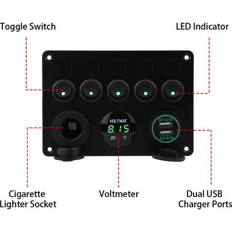 5-Wege-Wippschalterpanel (12–24 V) mit zwei USB-Anschlüssen und Voltmeter für Auto, Boot, LKW – Grüne LED