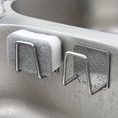 Support à éponge pour évier de cuisine en acier inoxydable (Lot de 1) — Fixation murale sans perçage avec doubles crochets