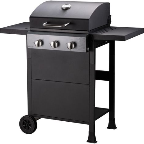 Brasero – Barbecue à gaz sur chariot 3 feux – 3 brûleurs – Surface de cuisson en acier émaillé 49 x 39 cm – 7,5 kW – 2 tablettes rabattables – 2 roues – Noir