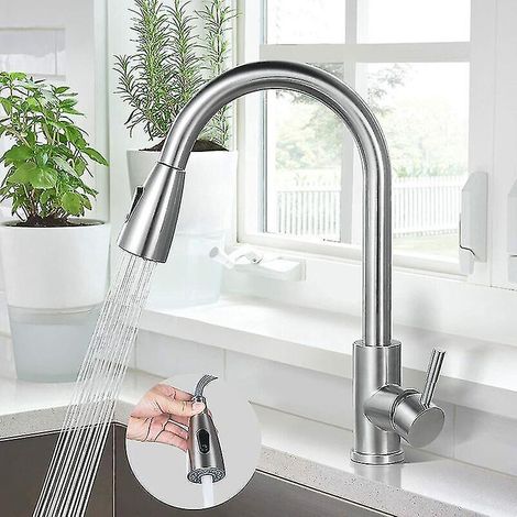 Küchenarmatur, Spültischarmatur aus Edelstahl 304, 360° schwenkbare Spültischarmatur mit ausziehbarer Brause - (1/4)