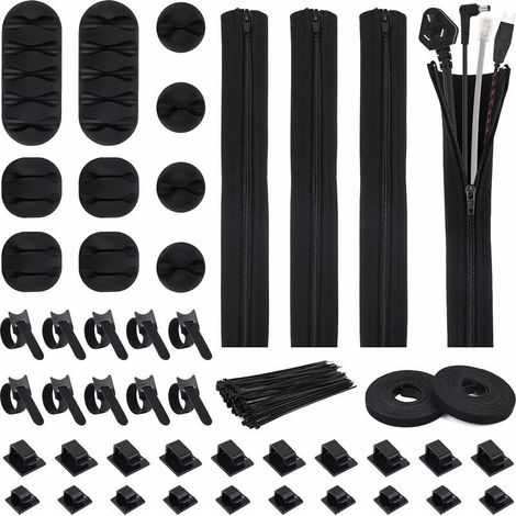 146 Pièces Kit de Gestion des Câbles,4 pièces de manchons de fil à fermeture éclair, 10 pièces d'organisateurs de fil, serre-câbles rectangulaires10 pièces , Serre-fil carré10pcs, Velcro10p (1/5)