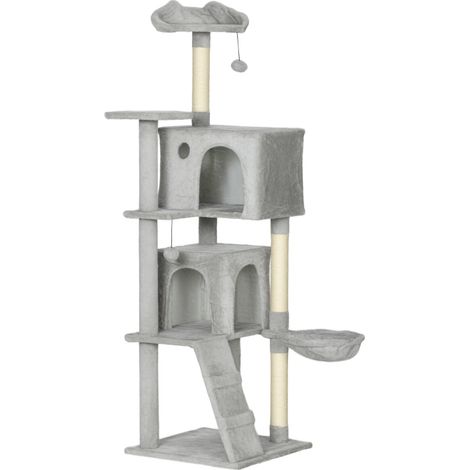 Albero tiragraffi per gatti 160 cm grigio chiaro con cucce, amaca, scala e pali in sisal (1/3)