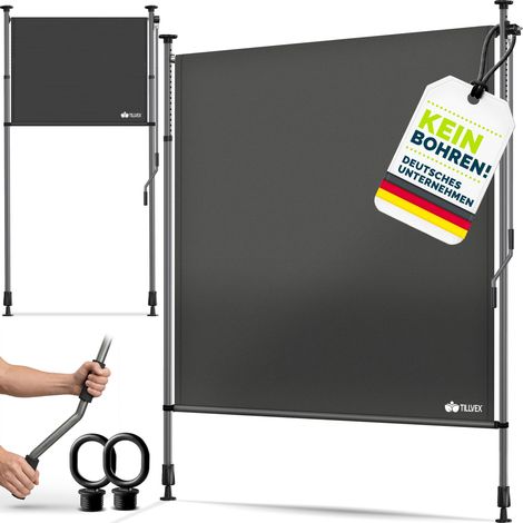 tillvex® Klemmmarkise Senkrechtmarkise 120x310cm Anthrazit mit Handkurbel ohne Bohren Sichtschutz Ausziehbar & Blickdicht Vertikalmarkise Balkon Terrasse Garten Sichtschutzrollo Wetterfest