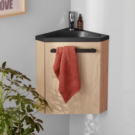 Mob-In – Meuble lave-mains d'angle 35x53cm – Vasque en résine synthétique – Robinet mitigeur chromé avec aérateur – Montage facile