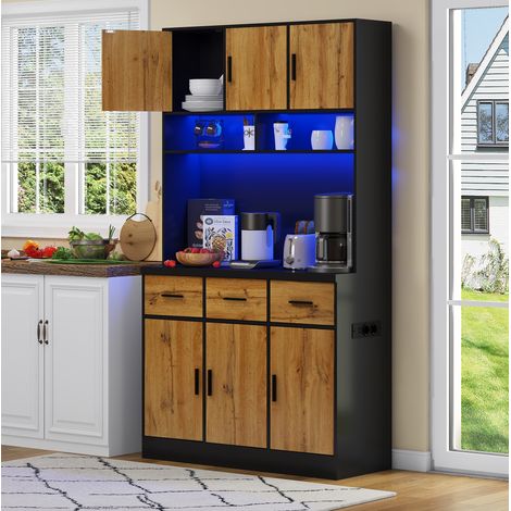 Credenza 100x40x180 cm in MDF nero e naturale, LED, contenitore cucina FloraGrace (1/5)