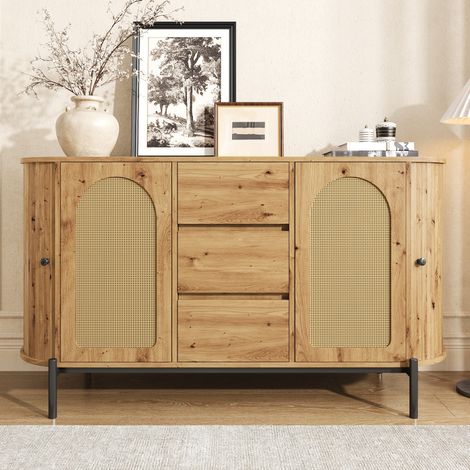 Aparador ovalado de MDF acabado madera natural con puertas de ratán, 3 cajones y baldas regulables (1/5)