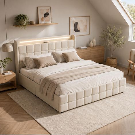 Lit 2 Places 180 x 200 cm avec Espace de Rangement, Fonction de Charge USB, Tête De Lit LED, 4 Tiroirs, Lit Capitonné 2 Personnes avec Rangement, Sommier à Lattes, sans Matelas, en Lin, Beige (1/5)