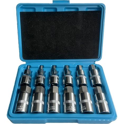 Jeu de 12 douilles Allen 1/2" avec mallette en plastique, jeu de douilles hexagonales longues, jeu de douilles Allen Key Socket Set de clés à douille hexagonales pour six pans creux, noir (1/5)