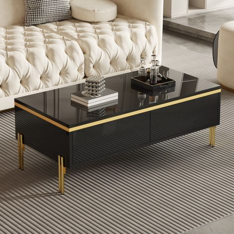 Table basse moderne haute brillance avec tiroirs, noir et doré, 100 x 50 x 36 cm