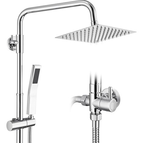 Colonne de Douche Sans Mitigeur Chrome Mat en Laiton, Colonne Télescopique 68-108cm avec Tête de Douche Carrée 8", Douchette Carrée et Flexible PVC, pour Baignoire et Salle de Bain (1/5)