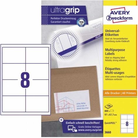 Universaletikett ultragrip 97 x 67,7 mm (B x H) nicht wieder ablösbar Papier weiß 800 Etik./Pack. (1/5)