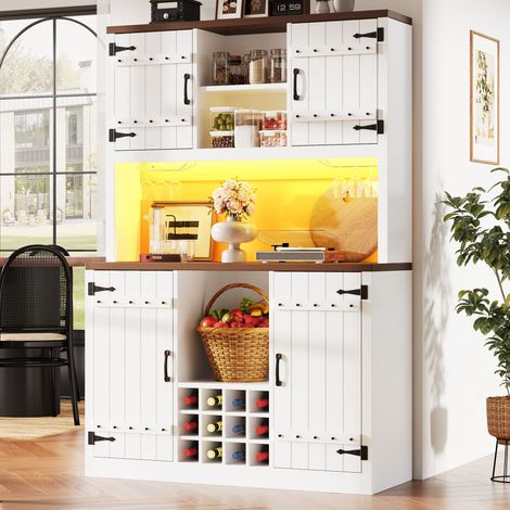 Buffet haut 120x40x180 cm - Style porte de grange - LED RGB via app - Rangement ouvert/fermé et porte-bouteilles - Blanc (1/5)